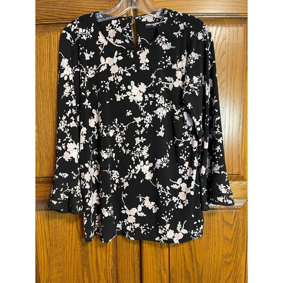 Karl Lagerfeld Yessie Blouse Trumpet Sleeve Top Black 3/4 Sleeve Size S/M - Picture 2 of 16